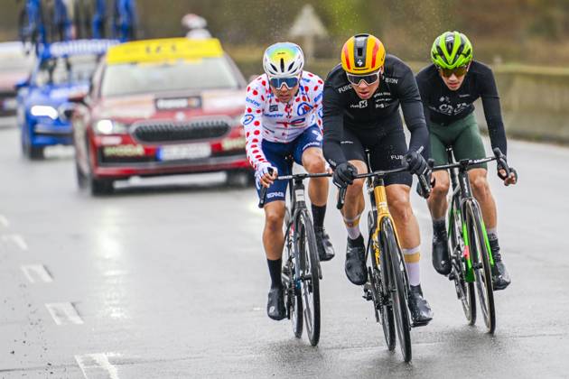 Paris - Nice 2025 - stage 2 BELLEGARDE, FRANCE - MARCH 10 : Fernandez Samuel (ESP) of Caja Rural - Seguros Rga, Abrahamsen Jonas (NOR) of Uno-X Mobility, Delettre Alexandre (FRA) of Team Totalenergies in the escape pack during stage 2 of the 83th edition of the Paris - Nice cycling race, a stage of 183,9km with start in Montesson and finish in Bellegarde on March 10, 2025 in Bellegarde, France, 10 03 2025 ( Motordriver Kenny Verfaillie - Bellegarde France  Copyright: xNicoxVereeckenx