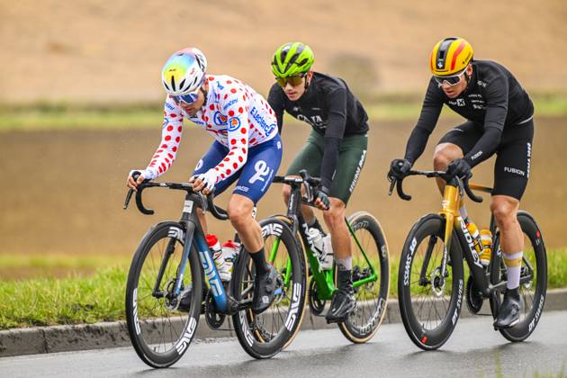 Paris - Nice 2025 - stage 2 BELLEGARDE, FRANCE - MARCH 10 : Fernandez Samuel (ESP) of Caja Rural - Seguros Rga, Abrahamsen Jonas (NOR) of Uno-X Mobility, Delettre Alexandre (FRA) of Team Totalenergies in the escape pack during stage 2 of the 83th edition of the Paris - Nice cycling race, a stage of 183,9km with start in Montesson and finish in Bellegarde on March 10, 2025 in Bellegarde, France, 10 03 2025 ( Motordriver Kenny Verfaillie - Bellegarde France  Copyright: xNicoxVereeckenx
