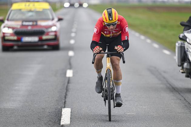 Paris - Nice 2025 - stage 2 BELLEGARDE, FRANCE - MARCH 10 : Abrahamsen Jonas (NOR) of Uno-X Mobility alone during stage 2 of the 83th edition of the Paris - Nice cycling race, a stage of 183,9km with start in Montesson and finish in Bellegarde on March 10, 2025 in Bellegarde, France, 10 03 2025 ( Motordriver Kenny Verfaillie - Bellegarde France  Copyright: xNicoxVereeckenx
