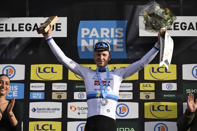 Paris - Nice 2025 - stage 2 BELLEGARDE, FRANCE - MARCH 10 : Merlier Tim (BEL) of Soudal Quick-Step on the podium during stage 2 of the 83th edition of the Paris - Nice cycling race, a stage of 183,9km with start in Montesson and finish in Bellegarde on March 10, 2025 in Bellegarde, France, 10 03 2025 ( Motordriver Kenny Verfaillie - Bellegarde France  Copyright: xNicoxVereeckenx