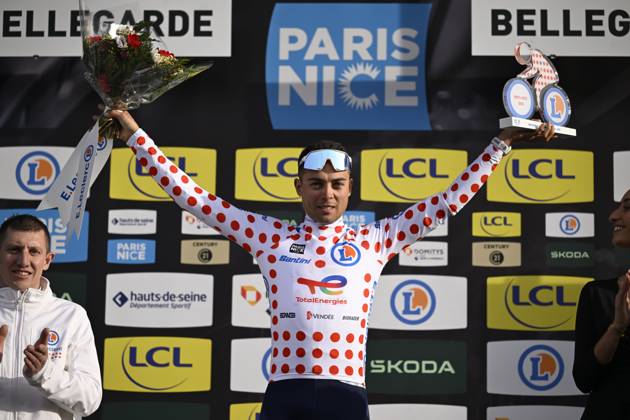 Paris - Nice 2025 - stage 2 BELLEGARDE, FRANCE - MARCH 10 : Delettre Alexandre (FRA) of Team Totalenergies on the podium with the polka dotted jersey during stage 2 of the 83th edition of the Paris - Nice cycling race, a stage of 183,9km with start in Montesson and finish in Bellegarde on March 10, 2025 in Bellegarde, France, 10 03 2025 ( Motordriver Kenny Verfaillie - Bellegarde France  Copyright: xNicoxVereeckenx