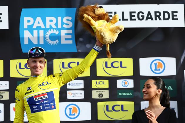 Belgian Tim Merlier of Soudal Quick-Step celebrates on the podium after winning stage two of the 83th edition of the Paris-Nice cycling race, from Montesson to Bellegarde (183,9 km) in France, Monday 10 March 2025. DAVIDxPINTENS  x114620092x