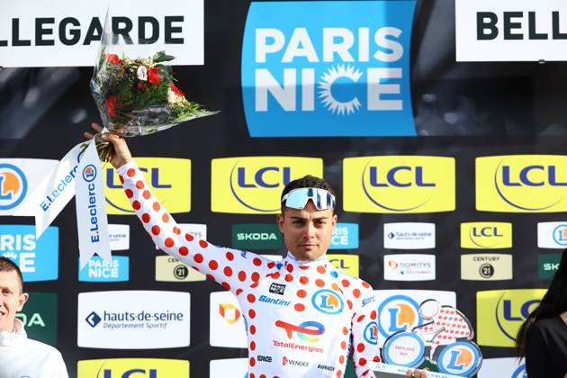 French Alexandre Delettre of TotalEnergies celebrates in the red polka-dot jersey for best climber after stage two of the 83th edition of the Paris-Nice cycling race, from Montesson to Bellegarde (183,9 km) in France, Monday 10 March 2025. DAVIDxPINTENS  x114620126x