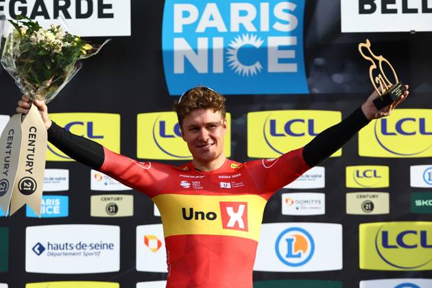 Norwegian Jonas Abrahamsen of Uno-X Mobility celebrates on the podium with the combativity award after stage two of the 83th edition of the Paris-Nice cycling race, from Montesson to Bellegarde (183,9 km) in France, Monday 10 March 2025. DAVIDxPINTENS  x114620161x
