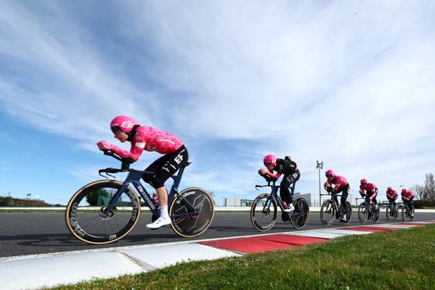 EF Education-EasyPost riders pictured during the warming up ahead of stage three of the 83th edition of the Paris-Nice cycling race, a 28,4km team time trial at the Nevers Magny-Cours racetrack, in Nevers, France, Tuesday 11 March 2025. DAVIDxPINTENS  x114675020x