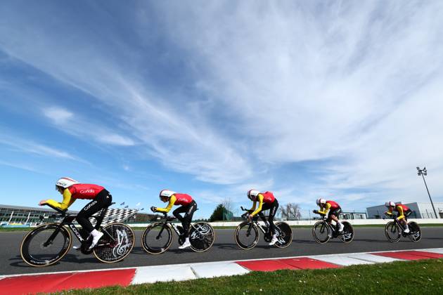 Cofidis riders pictured during the warming up ahead of stage three of the 83th edition of the Paris-Nice cycling race, a 28,4km team time trial at the Nevers Magny-Cours racetrack, in Nevers, France, Tuesday 11 March 2025. DAVIDxPINTENS  x114675042x