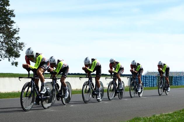 Intermarche-Wanty riders pictured during the warming up ahead of stage three of the 83th edition of the Paris-Nice cycling race, a 28,4km team time trial at the Nevers Magny-Cours racetrack, in Nevers, France, Tuesday 11 March 2025. DAVIDxPINTENS  x114675590x