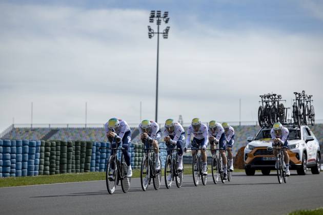 TotalEnergies riders pictured during the warming up ahead of stage three of the 83th edition of the Paris-Nice cycling race, a 28,4km team time trial at the Nevers Magny-Cours racetrack, in Nevers, France, Tuesday 11 March 2025. DAVIDxPINTENS  x114676832x