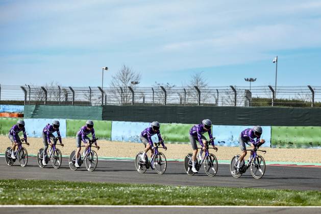 Team Jayco AIUIa riders pictured during the warming up ahead of stage three of the 83th edition of the Paris-Nice cycling race, a 28,4km team time trial at the Nevers Magny-Cours racetrack, in Nevers, France, Tuesday 11 March 2025. DAVIDxPINTENS  x114676879x
