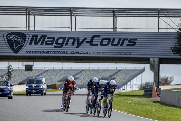 Groupama-FDJ riders pictured during the warming up ahead of stage three of the 83th edition of the Paris-Nice cycling race, a 28,4km team time trial at the Nevers Magny-Cours racetrack, in Nevers, France, Tuesday 11 March 2025. DAVIDxPINTENS  x114676907x
