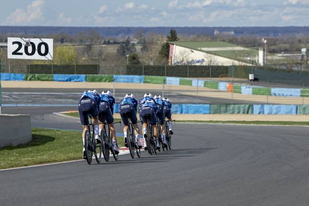 Soudal Quick-Step riders pictured during the warming up ahead of stage three of the 83th edition of the Paris-Nice cycling race, a 28,4km team time trial at the Nevers Magny-Cours racetrack, in Nevers, France, Tuesday 11 March 2025. DAVIDxPINTENS  x114676913x