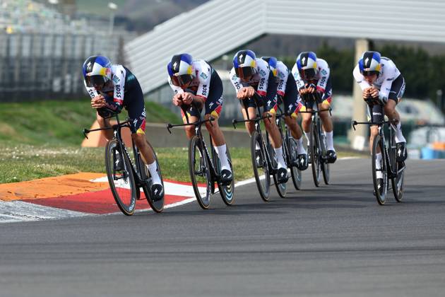 RedBull-BORA-hansgrohe riders pictured in action during stage three of the 83th edition of the Paris-Nice cycling race, a 28,4km team time trial at the Nevers Magny-Cours racetrack, in Nevers, France, Tuesday 11 March 2025. DAVIDxPINTENS  x114681522x