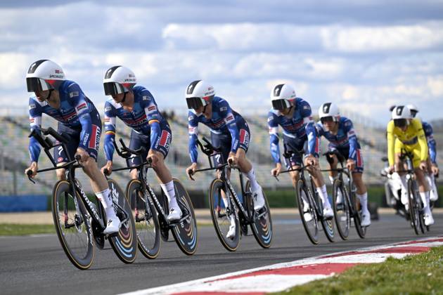 Paris - Nice 2025 - stage 3 NEVERS, FRANCE - MARCH 11 : team Soudal - Quick Step during stage 3 of the 83th edition of the Paris - Nice cycling race, a team time-trail stage of 28,4km with start on the Circuit Magny-Cours and finish in Nevers on March 11, 2025 in Nevers, France, 11 03 2025 ( Motordriver Kenny Verfaillie - Nevers France  Copyright: xNicoxVereeckenx