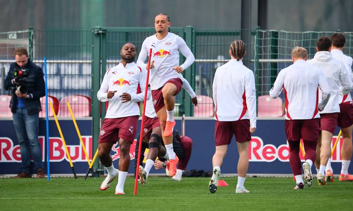 RB Leipzig Training Bundesliga Leipzig, 11 03 2025, RBL Training Center, Fußball Bundesliga , RB LEIPZIG Training , In the picture f l Ridle Baku 17, RB Leipzig and Xavi Simons 10, RB Leipzig , For editorial use only , Picture Point