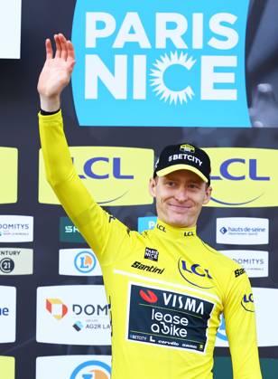 American Matteo Jorgenson of Team Visma-Lease a Bike celebrates in the yellow jersey of leader in the overall ranking after stage three of the 83th edition of the Paris-Nice cycling race, a 28,4km team time trial at the Nevers Magny-Cours racetrack, in Nevers, France, Tuesday 11 March 2025. DAVIDxPINTENS  x114684682x