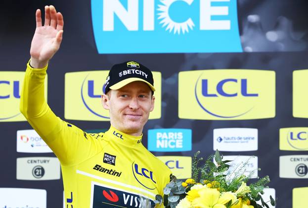 American Matteo Jorgenson of Team Visma-Lease a Bike celebrates in the yellow jersey of leader in the overall ranking after stage three of the 83th edition of the Paris-Nice cycling race, a 28,4km team time trial at the Nevers Magny-Cours racetrack, in Nevers, France, Tuesday 11 March 2025. DAVIDxPINTENS  x114684742x
