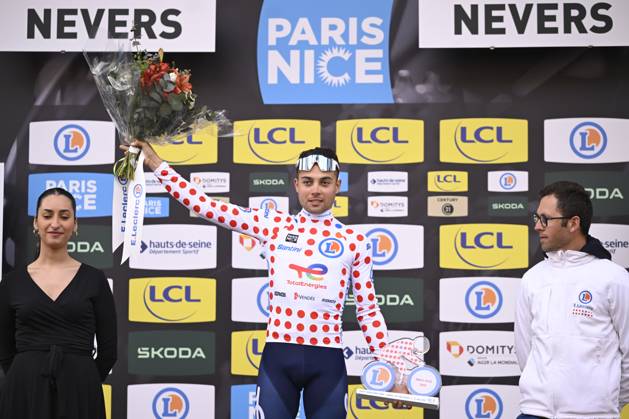 Paris - Nice 2025 - stage 3 NEVERS, FRANCE - MARCH 11 : Delettre Alexandre (FRA) of Team Totalenergies pictured with the polka dot jersey during the podium ceremony of stage 3 of the 83th edition of the Paris - Nice cycling race, a team time-trail stage of 28,4km with start on the Circuit Magny-Cours and finish in Nevers on March 11, 2025 in Nevers, France, 11 03 2025 ( Motordriver Kenny Verfaillie - Nevers France  Copyright: xNicoxVereeckenx