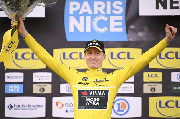Paris - Nice 2025 - stage 3 NEVERS, FRANCE - MARCH 11 : Jorgenson Matteo (USA) of Team Visma Lease A Bike pictured with the yellow jersey during the podium ceremony of stage 3 of the 83th edition of the Paris - Nice cycling race, a team time-trail stage of 28,4km with start on the Circuit Magny-Cours and finish in Nevers on March 11, 2025 in Nevers, France, 11 03 2025 ( Motordriver Kenny Verfaillie - Nevers France  Copyright: xNicoxVereeckenx