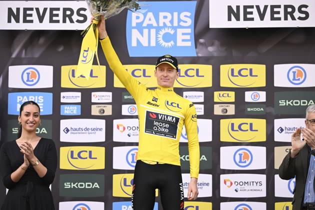 Paris - Nice 2025 - stage 3 NEVERS, FRANCE - MARCH 11 : Jorgenson Matteo (USA) of Team Visma Lease A Bike pictured with the yellow jersey during the podium ceremony of stage 3 of the 83th edition of the Paris - Nice cycling race, a team time-trail stage of 28,4km with start on the Circuit Magny-Cours and finish in Nevers on March 11, 2025 in Nevers, France, 11 03 2025 ( Motordriver Kenny Verfaillie - Nevers France  Copyright: xNicoxVereeckenx