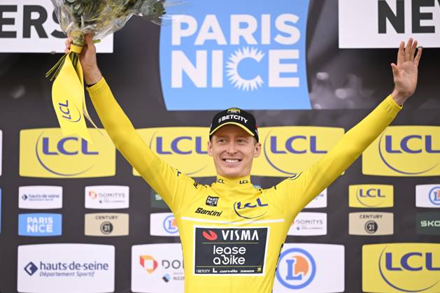 Paris - Nice 2025 - stage 3 NEVERS, FRANCE - MARCH 11 : Jorgenson Matteo (USA) of Team Visma Lease A Bike pictured with the yellow jersey during the podium ceremony of stage 3 of the 83th edition of the Paris - Nice cycling race, a team time-trail stage of 28,4km with start on the Circuit Magny-Cours and finish in Nevers on March 11, 2025 in Nevers, France, 11 03 2025 ( Motordriver Kenny Verfaillie - Nevers France  Copyright: xNicoxVereeckenx