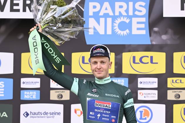 Paris - Nice 2025 - stage 3 NEVERS, FRANCE - MARCH 11 : Merlier Tim (BEL) of Soudal Quick-Step pictured with the green jersey during the podium ceremony of stage 3 of the 83th edition of the Paris - Nice cycling race, a team time-trail stage of 28,4km with start on the Circuit Magny-Cours and finish in Nevers on March 11, 2025 in Nevers, France, 11 03 2025 ( Motordriver Kenny Verfaillie - Nevers France  Copyright: xNicoxVereeckenx