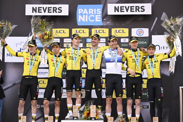 Paris - Nice 2025 - stage 3 NEVERS, FRANCE - MARCH 11 : Jorgenson Matteo (USA) of Team Visma Lease A Bike, Affini Edoardo (ITA) of Team Visma Lease A Bike, Campenaerts Victor (BEL) of Team Visma Lease A Bike, Hagenes Per Strand (NOR) of Team Visma Lease A Bike, Lemmen Bart (NED) of Team Visma Lease A Bike, Vingegaard Jonas (DEN) of Team Visma Lease A Bike, Zingle Axel (FRA) of Team Visma Lease A Bike pictured during the podium ceremony of stage 3 of the 83th edition of the Paris - Nice cycling race, a team time-trail stage of 28,4km with start on the Circuit Magny-Cours and finish in Nevers on March 11, 2025 in Nevers, France, 11 03 2025 ( Motordriver Kenny Verfaillie - Nevers France Copyright: xNicoxVereeckenx
