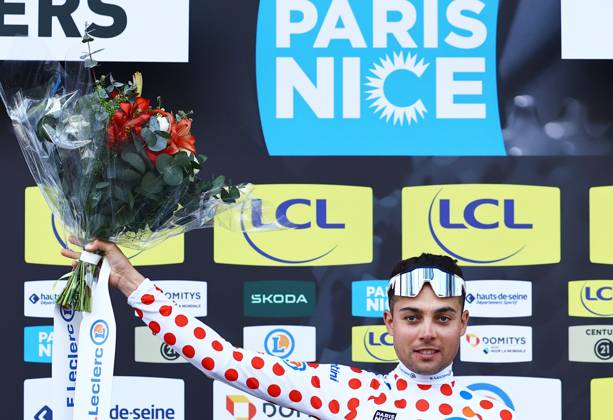 French Alexandre Delettre of TotalEnergies celebrates in the red polka-dot jersey for best climber after stage three of the 83th edition of the Paris-Nice cycling race, a 28,4km team time trial at the Nevers Magny-Cours racetrack, in Nevers, France, Tuesday 11 March 2025. DAVIDxPINTENS  x114685254x