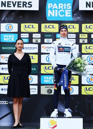 German Florian Lipowitz of RedBull-BORA-hansgrohe celebrates in the white jersey for best young rider after stage three of the 83th edition of the Paris-Nice cycling race, a 28,4km team time trial at the Nevers Magny-Cours racetrack, in Nevers, France, Tuesday 11 March 2025. DAVIDxPINTENS  x114685288x