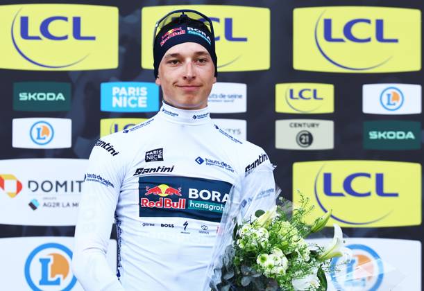 German Florian Lipowitz of RedBull-BORA-hansgrohe celebrates in the white jersey for best young rider after stage three of the 83th edition of the Paris-Nice cycling race, a 28,4km team time trial at the Nevers Magny-Cours racetrack, in Nevers, France, Tuesday 11 March 2025. DAVIDxPINTENS  x114685297x