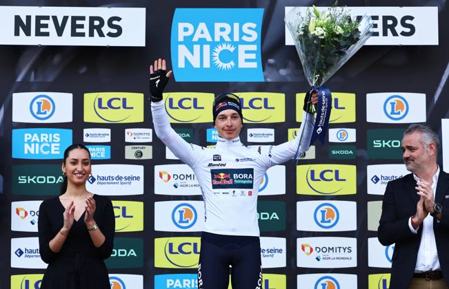 German Florian Lipowitz of RedBull-BORA-hansgrohe celebrates in the white jersey for best young rider after stage three of the 83th edition of the Paris-Nice cycling race, a 28,4km team time trial at the Nevers Magny-Cours racetrack, in Nevers, France, Tuesday 11 March 2025. DAVIDxPINTENS  x114685303x