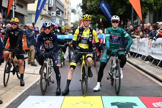 German Florian Lipowitz of RedBull-BORA-hansgrohe, American Matteo Jorgenson of Team Visma-Lease a Bike and Belgian Tim Merlier of Soudal Quick-Step pictured at the start of stage four of the 83th edition of the Paris-Nice cycling race, 163,4km from Vichy to La Loge des Gardes, France, Wednesday 12 March 2025. DAVIDxPINTENS  x114746763x