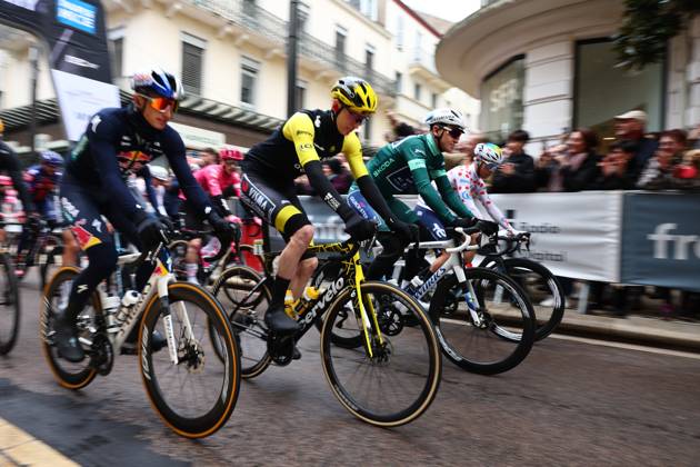 German Florian Lipowitz of RedBull-BORA-hansgrohe, American Matteo Jorgenson of Team Visma-Lease a Bike and Belgian Tim Merlier of Soudal Quick-Step pictured at the start of stage four of the 83th edition of the Paris-Nice cycling race, 163,4km from Vichy to La Loge des Gardes, France, Wednesday 12 March 2025. DAVIDxPINTENS  x114747168x