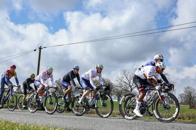 The pack of riders pictured in action during stage four of the 83th edition of the Paris-Nice cycling race, 163,4km from Vichy to La Loge des Gardes, France, Wednesday 12 March 2025. DAVIDxPINTENS  x114757461x