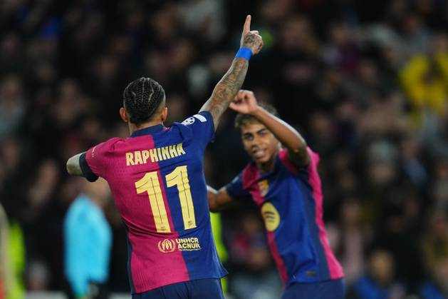 ESP: FC Barcelona, Barca - SL Benfica. UEFA Champions League match. Round of 16 Raphael Dias Belloli Raphinha of FC Barcelona celebrates after scoring goal with his teammate Lamine Yamal during the UEFA Champions League match, Round of 16, between FC Barcelona and Benfica played at Lluis Companys Stadium on March 11 2025 in Barcelona Spain. kpng Copyright: xSergioxRuizx xImagox PS_240311_BAR_BEN_1494