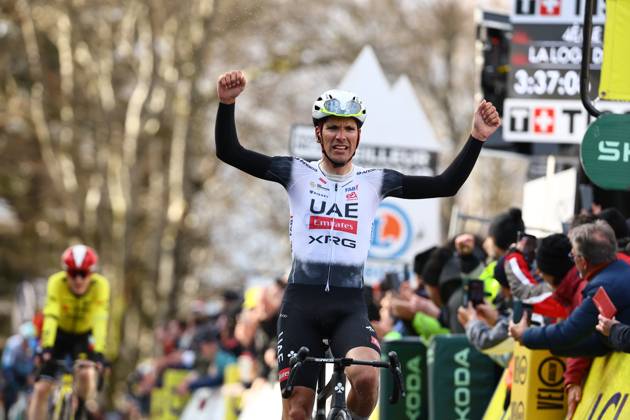 Portuguese Joao Almeida of UAE Team Emirates celebrates after winning stage four of the 83th edition of the Paris-Nice cycling race, 163,4km from Vichy to La Loge des Gardes, France, Wednesday 12 March 2025. DAVIDxPINTENS  x114779467x