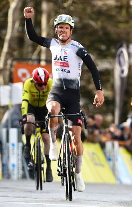 Portuguese Joao Almeida of UAE Team Emirates celebrates after winning stage four of the 83th edition of the Paris-Nice cycling race, 163,4km from Vichy to La Loge des Gardes, France, Wednesday 12 March 2025. DAVIDxPINTENS  x114779900x