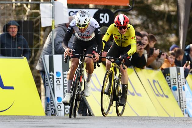 Portuguese Joao Almeida of UAE Team Emirates wins ahead of Danish Jonas Vingegaard Hansen of Team Visma-Lease a Bike in stage four of the 83th edition of the Paris-Nice cycling race, 163,4km from Vichy to La Loge des Gardes, France, Wednesday 12 March 2025. DAVIDxPINTENS  x114780557x