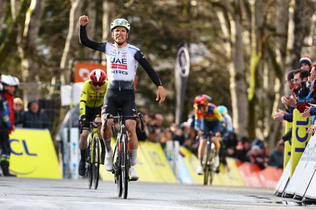 Portuguese Joao Almeida of UAE Team Emirates wins ahead of Danish Jonas Vingegaard Hansen of Team Visma-Lease a Bike in stage four of the 83th edition of the Paris-Nice cycling race, 163,4km from Vichy to La Loge des Gardes, France, Wednesday 12 March 2025. DAVIDxPINTENS  x114780606x