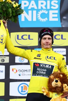 Danish Jonas Vingegaard Hansen of Team Visma-Lease a Bike celebrates on the podium in the yellow jersey of leader in the overall ranking after stage four of the 83th edition of the Paris-Nice cycling race, 163,4km from Vichy to La Loge des Gardes, France, Wednesday 12 March 2025. DAVIDxPINTENS x114782328x