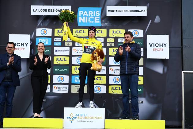 Danish Jonas Vingegaard Hansen of Team Visma-Lease a Bike celebrates on the podium in the yellow jersey of leader in the overall ranking after stage four of the 83th edition of the Paris-Nice cycling race, 163,4km from Vichy to La Loge des Gardes, France, Wednesday 12 March 2025. DAVIDxPINTENS x114783337x