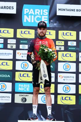Norwegian Tobias Svendsen Foss of Ineos Grenadiers celebrates on the podium of stage four of the 83th edition of the Paris-Nice cycling race, 163,4km from Vichy to La Loge des Gardes, France, Wednesday 12 March 2025. DAVIDxPINTENS  x114784682x