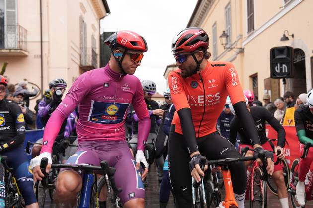 from left Milan Jonathan of Lidl-Trek and Ganna Filippo of Ineos Grenadiers during the 60th Tirreno - Adriatico 2025, Stage 4 from Norcia to Trasacco - on March 13, 2025 in Norcia, Umbria, Italy.  Copyright: xMassimoxPaolone LaPressex