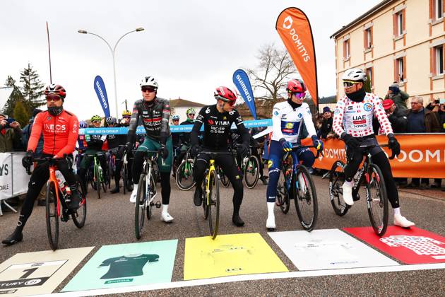 Norwegian Tobias Svendsen Foss of Ineos Grenadiers, Belgian Tim Merlier of Soudal Quick-Step, Danish Jonas Vingegaard Hansen of Team Visma-Lease a Bike, Danish Mattias Skjelmose Jensen of Lidl-Trek and Portuguese Joao Almeida of UAE Team Emirates pictured at the start of stage five of the 83th edition of the Paris-Nice cycling race, 196,5 km from Saint-Just-en-Chevalet to La Cote-Saint-Andre, France, Thursday 13 March 2025. DAVIDxPINTENS  x114849202x