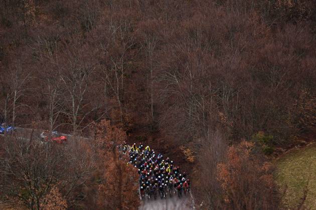 The pack rides during the 60th Tirreno - Adriatico 2025, Stage 4 from Norcia to Trasacco - on March 13, 2025 in Norcia, Umbria, Italy.  Copyright: xFabioxFerrari LaPressex