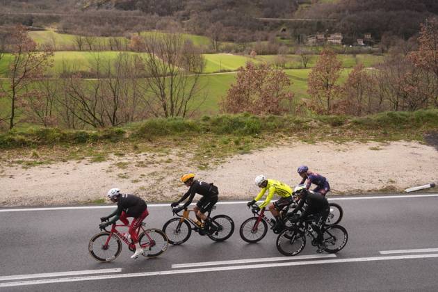 The pack rides during the 60th Tirreno - Adriatico 2025, Stage 4 from Norcia to Trasacco - on March 13, 2025 in Norcia, Umbria, Italy.  Copyright: xFabioxFerrari LaPressex