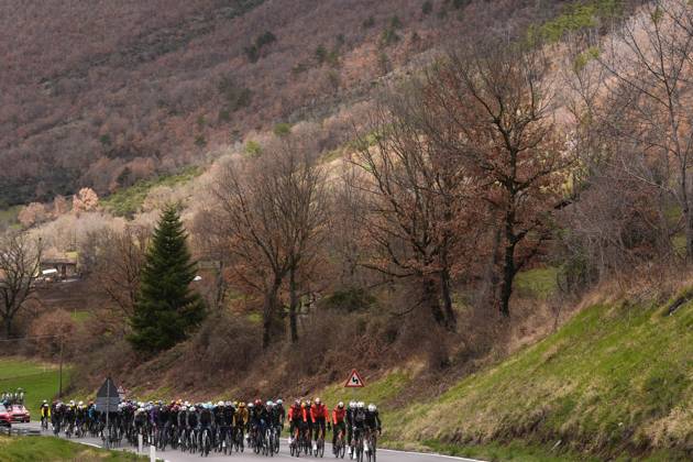 The pack rides during the 60th Tirreno - Adriatico 2025, Stage 4 from Norcia to Trasacco - on March 13, 2025 in Norcia, Umbria, Italy.  Copyright: xFabioxFerrari LaPressex