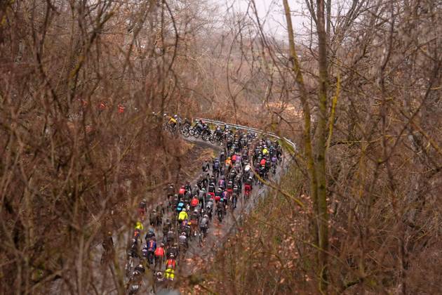 The pack rides during the 60th Tirreno - Adriatico 2025, Stage 4 from Norcia to Trasacco - on March 13, 2025 in Norcia, Umbria, Italy.  Copyright: xFabioxFerrari LaPressex