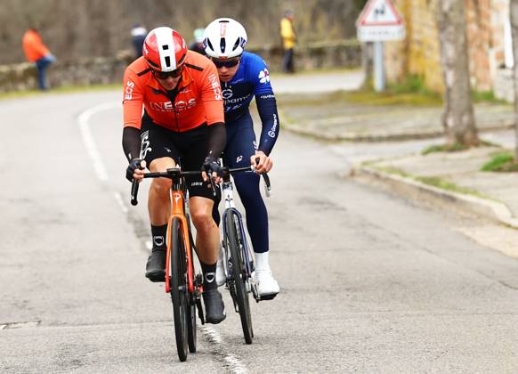 French Thibaud Gruel of Groupama-FDJ and British Ben Swift of Ineos Grenadiers pictured in action during stage five of the 83th edition of the Paris-Nice cycling race, 196,5 km from Saint-Just-en-Chevalet to La Cote-Saint-Andre, France, Thursday 13 March 2025. DAVIDxPINTENS  x114856254x