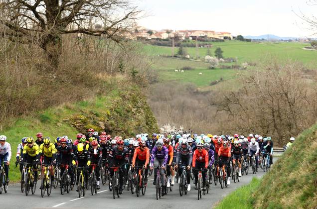 The pack of riders pictured in action during stage five of the 83th edition of the Paris-Nice cycling race, 196,5 km from Saint-Just-en-Chevalet to La Cote-Saint-Andre, France, Thursday 13 March 2025. DAVIDxPINTENS  x114857568x