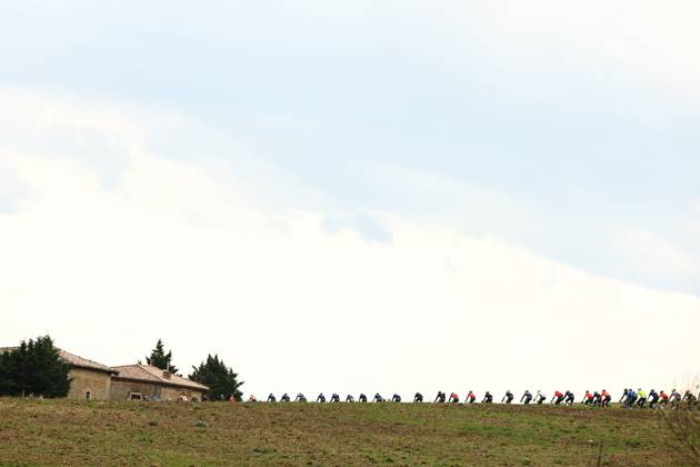 The pack of riders pictured in action during stage five of the 83th edition of the Paris-Nice cycling race, 196,5 km from Saint-Just-en-Chevalet to La Cote-Saint-Andre, France, Thursday 13 March 2025. DAVIDxPINTENS  x114858865x
